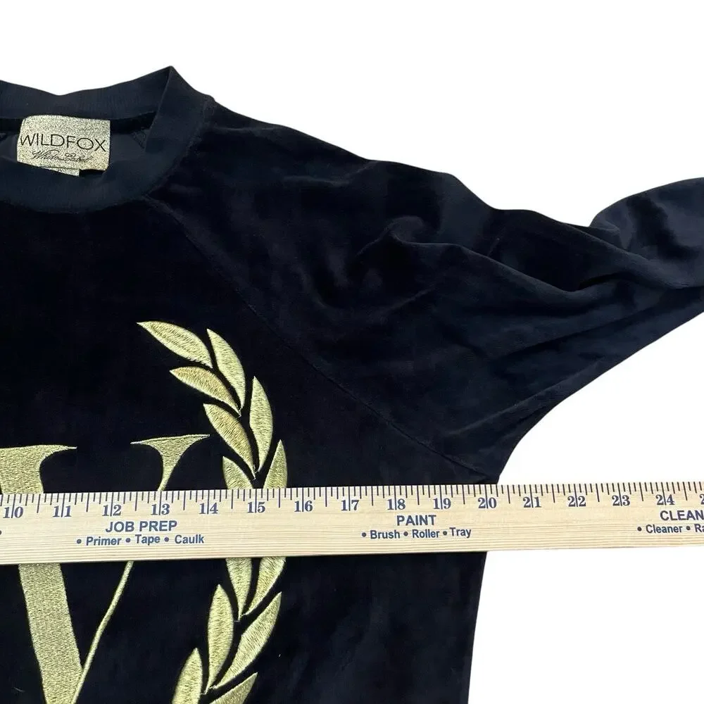 Wildfox White Label Logo Embroidered Velour Sweatshirt Small Black Gold Rare - Picture 4 of 6